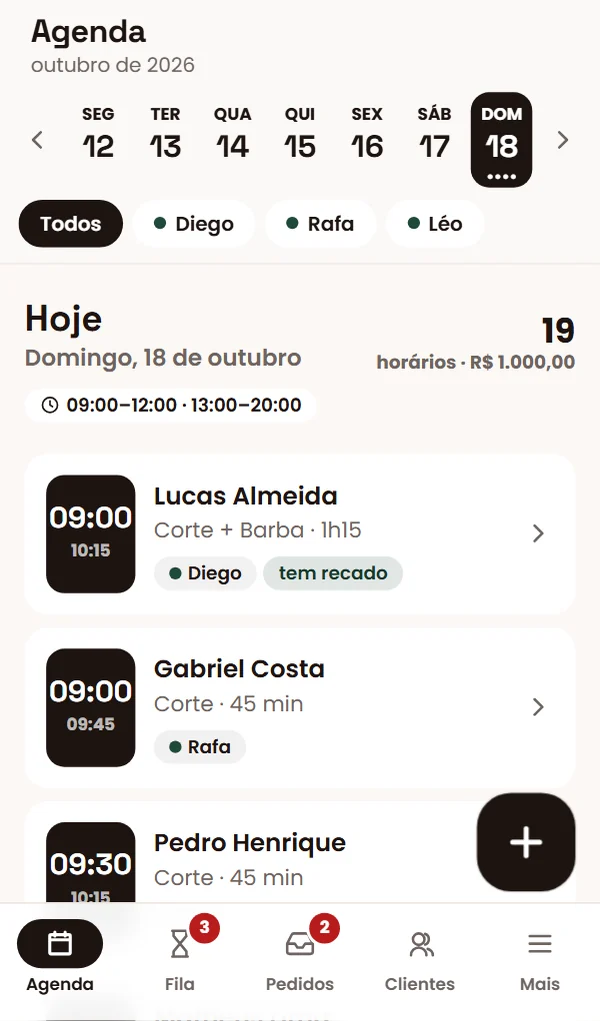 Painel da barbearia com a agenda do dia